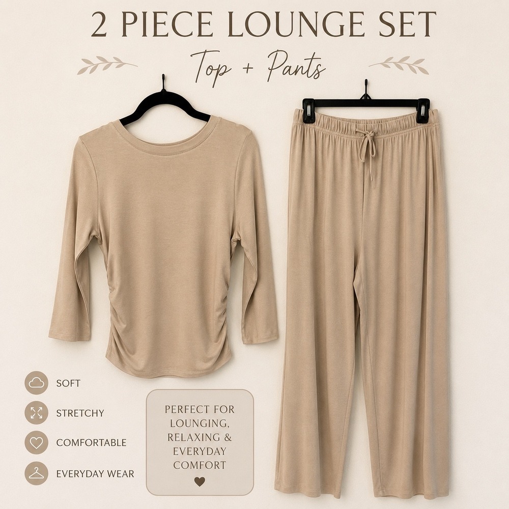 Wiholl Womens 2 Piece Lounge Set Tan Beige Ruched Top Wide Leg Pants Size Large